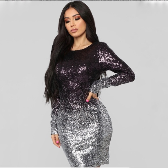 NWT Boutique Long Sleeve Silver Sequins Stretch Midi Cocktail Sheath Dress Small - Picture 2 of 5